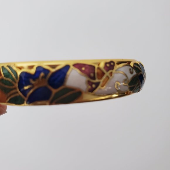 Vintage Elegant Floral Cloisonne Gold Bracelet Lotus Flowers Butterfly Oriental - Picture 8 of 9